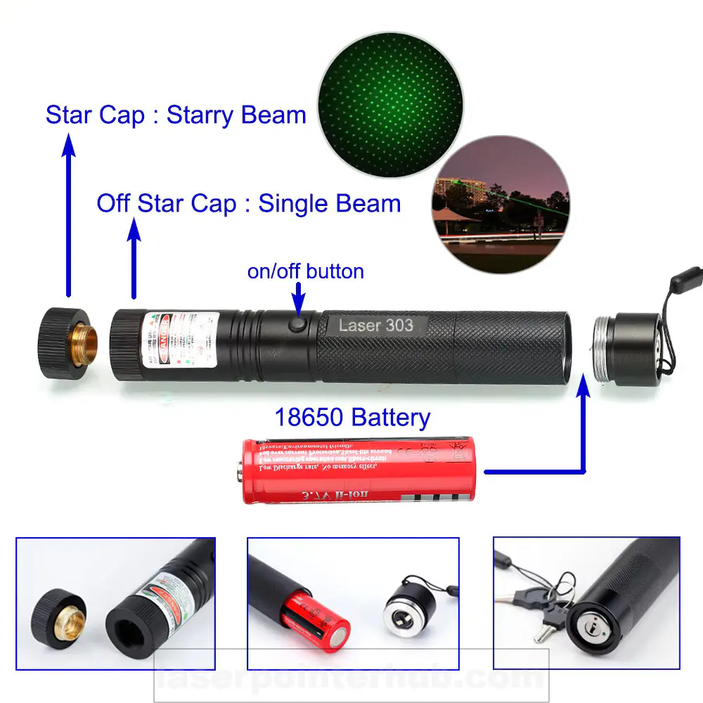 Laser 303 Green Laser Pointer - 532nm Tactical Star Cap, SKU B303, >1mw power, 650nm red laser wavelength, red color, product thumbnail 2